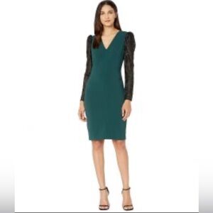 Badgley Mischka Lace Long Sleeve Scuba Sheath Dress,Size 4,Dark Emerald